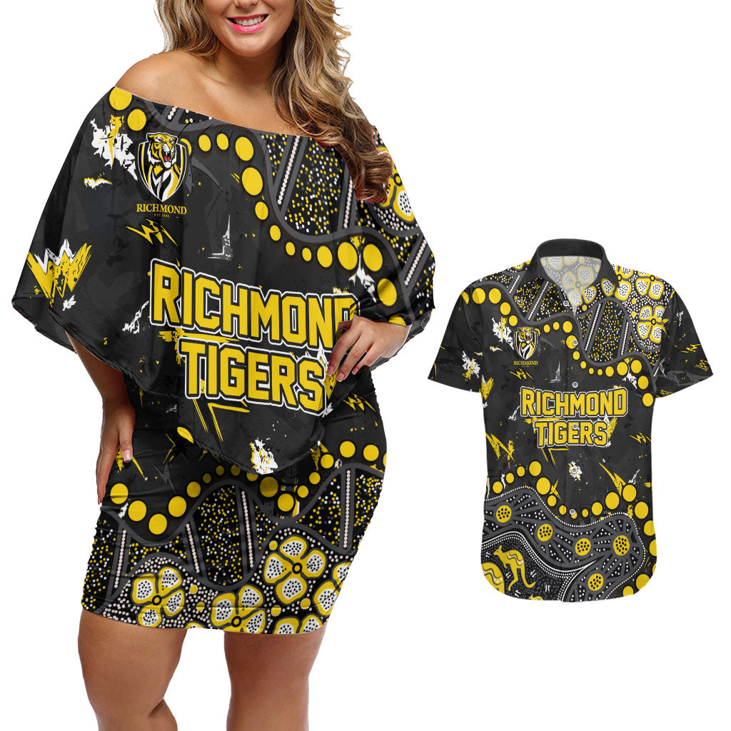 Personalized Richmond Tigers Couples Matching Off Shoulder Short Dress and Hawaiian Shirt Aboriginal Pattern with Graffiti Style