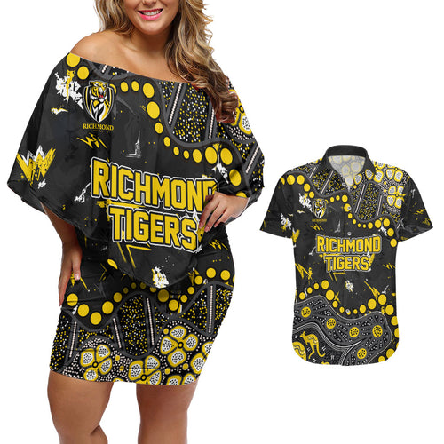 Personalized Richmond Tigers Couples Matching Off Shoulder Short Dress and Hawaiian Shirt Aboriginal Pattern with Graffiti Style