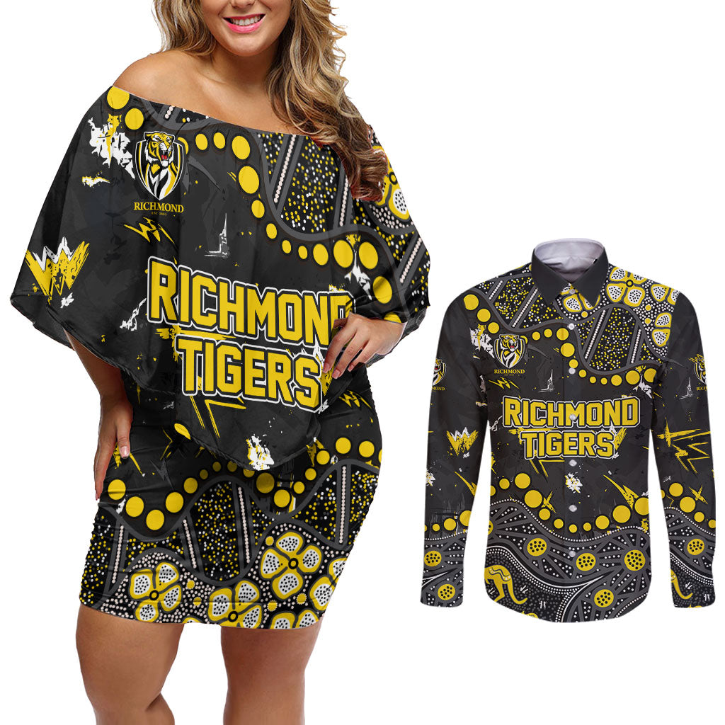 Personalized Richmond Tigers Couples Matching Off Shoulder Short Dress and Long Sleeve Button Shirt Aboriginal Pattern with Graffiti Style