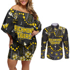 Personalized Richmond Tigers Couples Matching Off Shoulder Short Dress and Long Sleeve Button Shirt Aboriginal Pattern with Graffiti Style