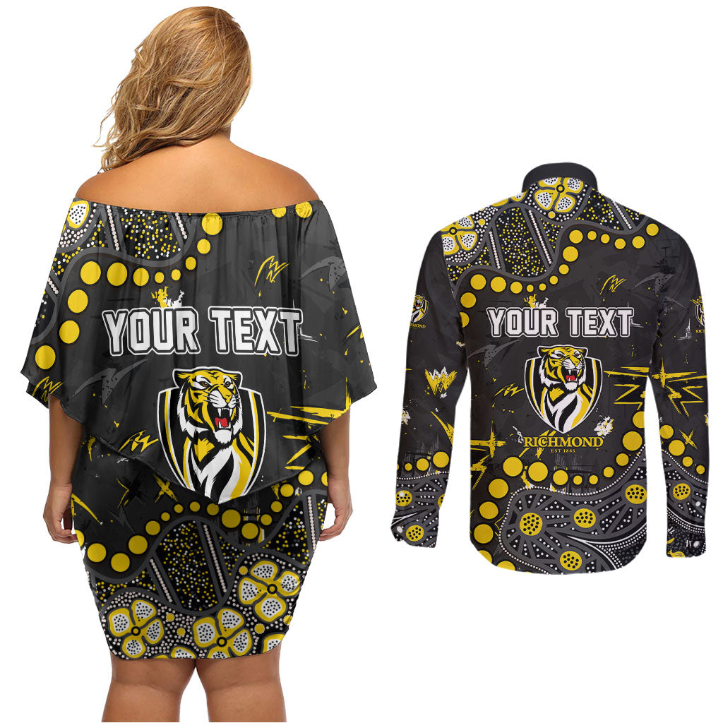 Personalized Richmond Tigers Couples Matching Off Shoulder Short Dress and Long Sleeve Button Shirt Aboriginal Pattern with Graffiti Style
