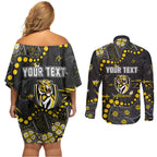 Personalized Richmond Tigers Couples Matching Off Shoulder Short Dress and Long Sleeve Button Shirt Aboriginal Pattern with Graffiti Style