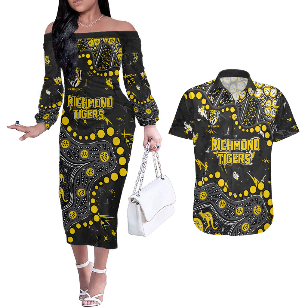 Personalized Richmond Tigers Couples Matching Off The Shoulder Long Sleeve Dress and Hawaiian Shirt Aboriginal Pattern with Graffiti Style