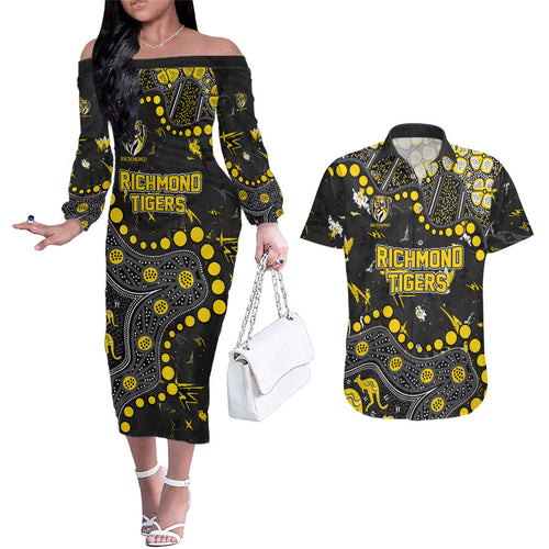 Personalized Richmond Tigers Couples Matching Off The Shoulder Long Sleeve Dress and Hawaiian Shirt Aboriginal Pattern with Graffiti Style