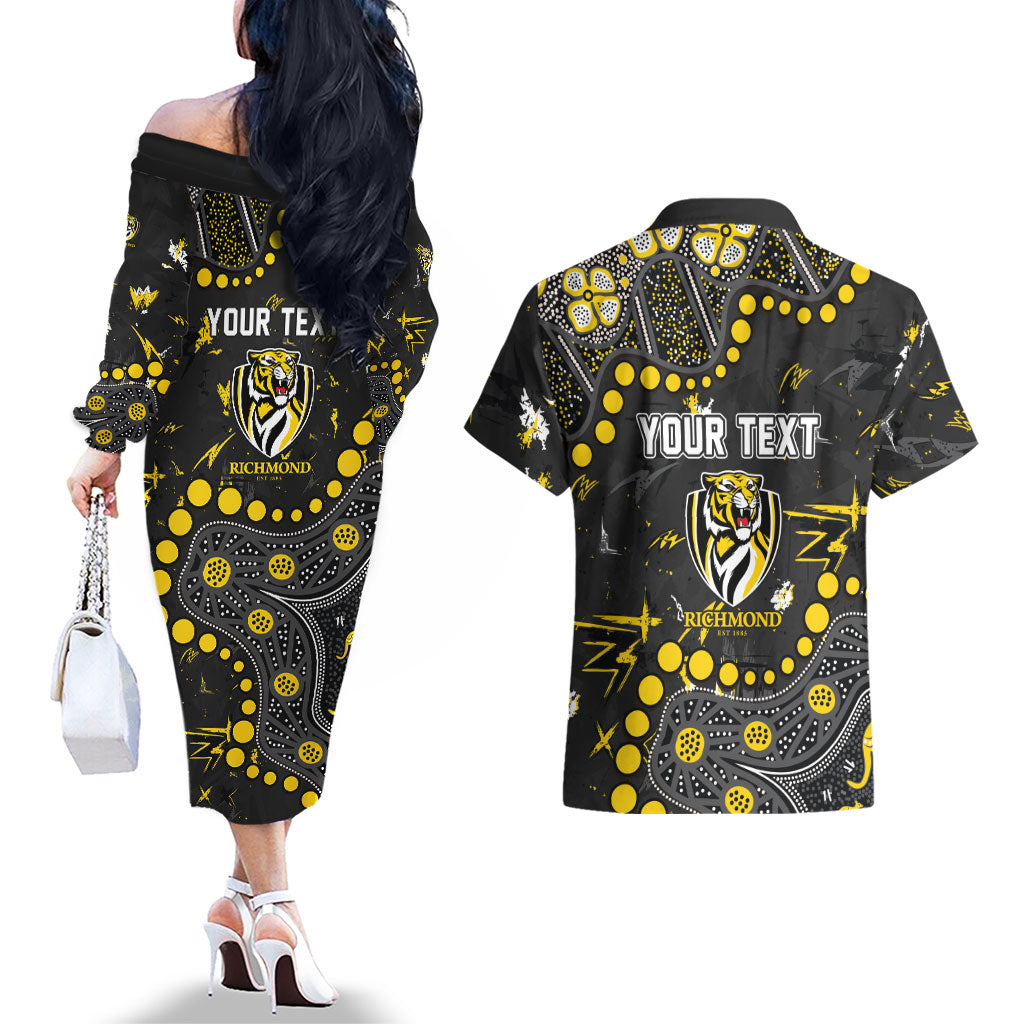 Personalized Richmond Tigers Couples Matching Off The Shoulder Long Sleeve Dress and Hawaiian Shirt Aboriginal Pattern with Graffiti Style