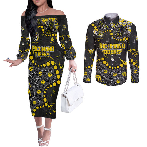 Personalized Richmond Tigers Couples Matching Off The Shoulder Long Sleeve Dress and Long Sleeve Button Shirt Aboriginal Pattern with Graffiti Style