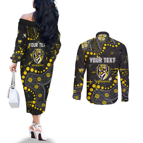 Personalized Richmond Tigers Couples Matching Off The Shoulder Long Sleeve Dress and Long Sleeve Button Shirt Aboriginal Pattern with Graffiti Style