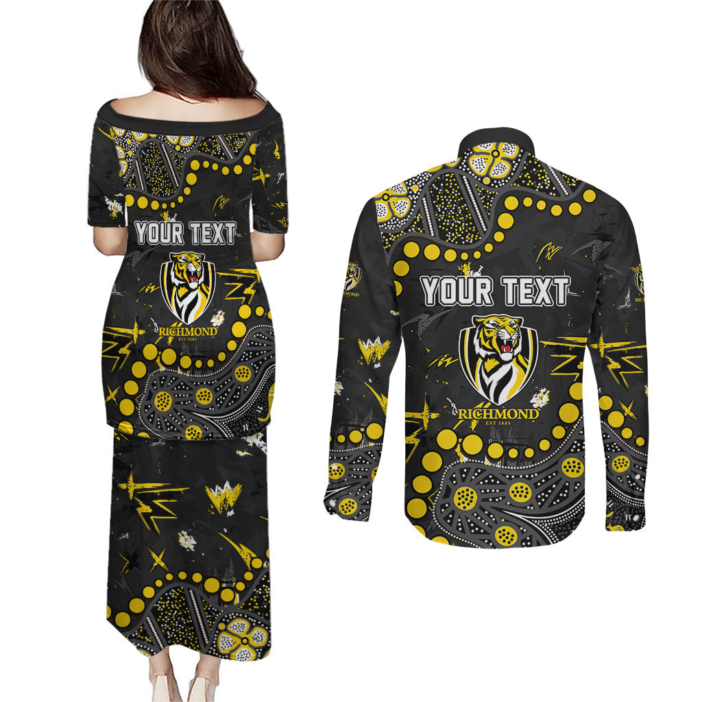Personalized Richmond Tigers Couples Matching Puletasi and Long Sleeve Button Shirt Aboriginal Pattern with Graffiti Style