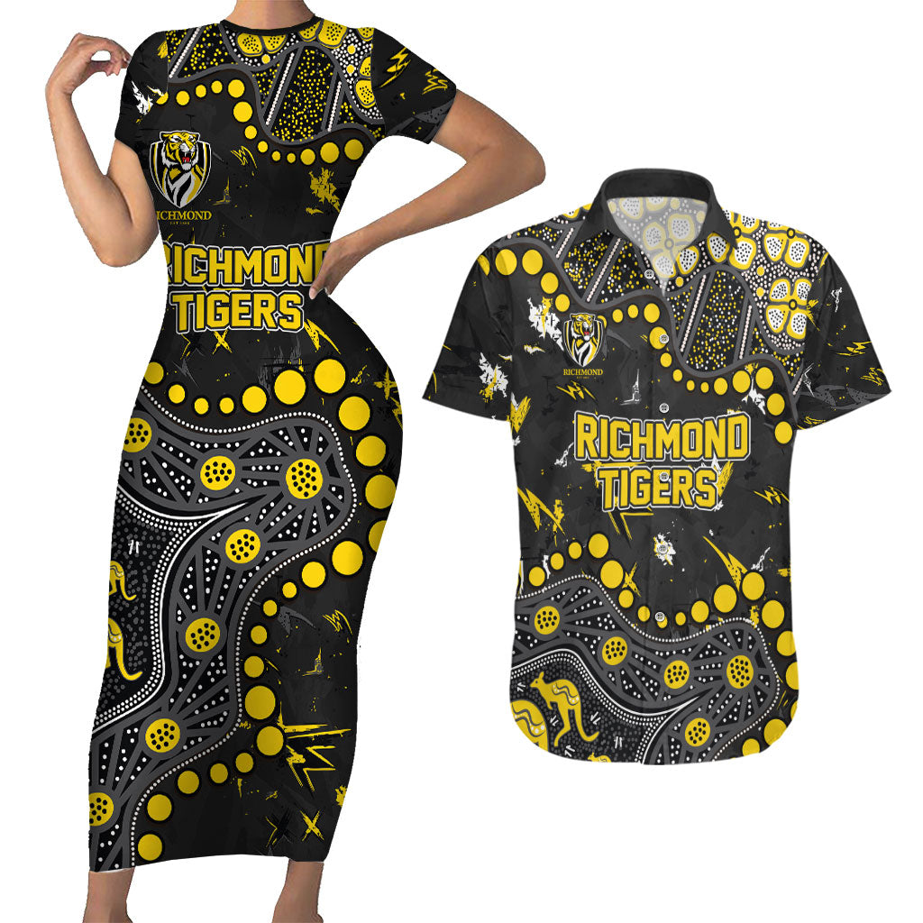 Personalized Richmond Tigers Couples Matching Short Sleeve Bodycon Dress and Hawaiian Shirt Aboriginal Pattern with Graffiti Style