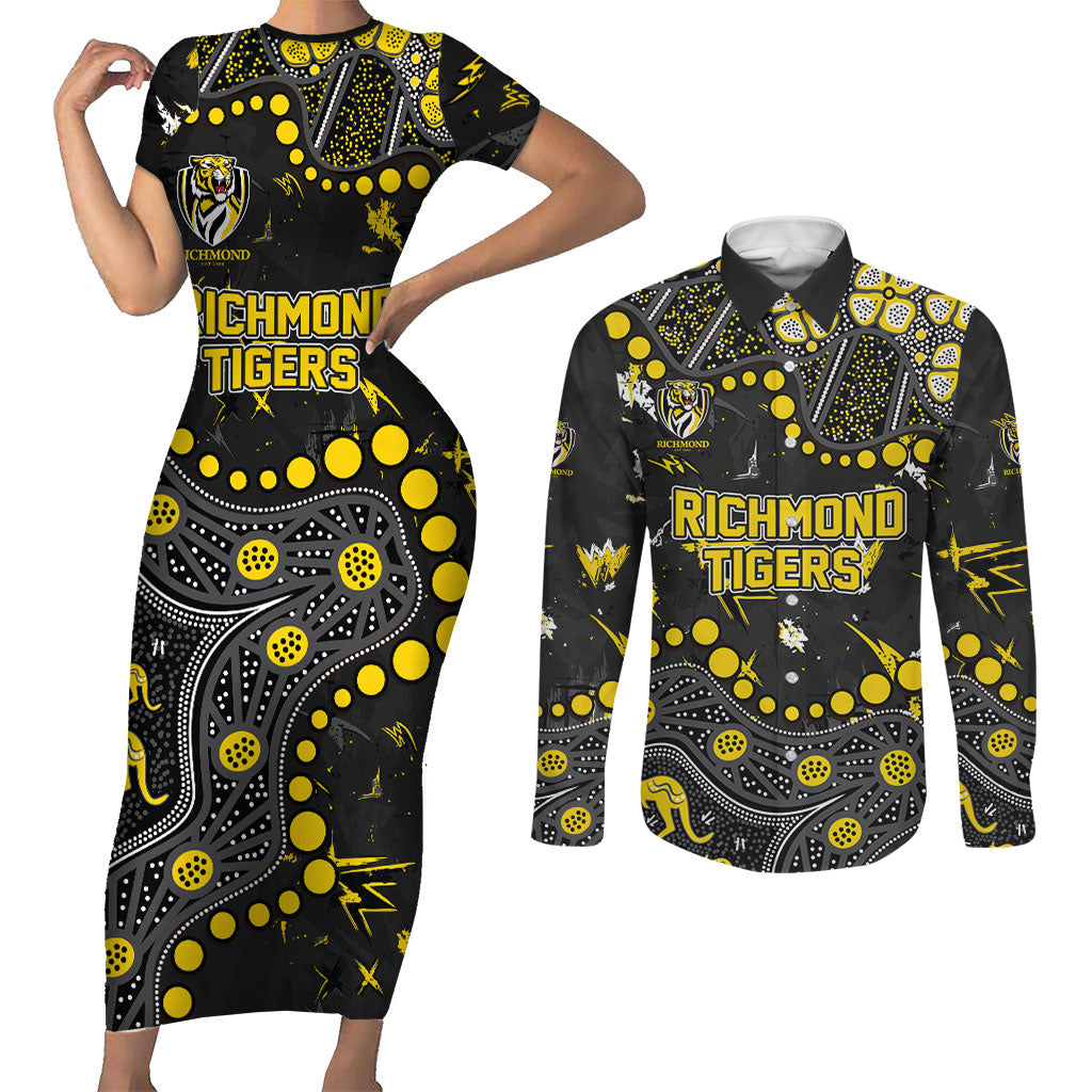 Personalized Richmond Tigers Couples Matching Short Sleeve Bodycon Dress and Long Sleeve Button Shirt Aboriginal Pattern with Graffiti Style
