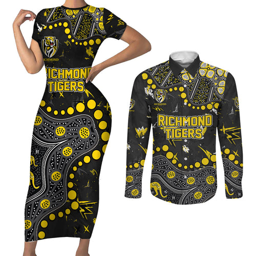 Personalized Richmond Tigers Couples Matching Short Sleeve Bodycon Dress and Long Sleeve Button Shirt Aboriginal Pattern with Graffiti Style