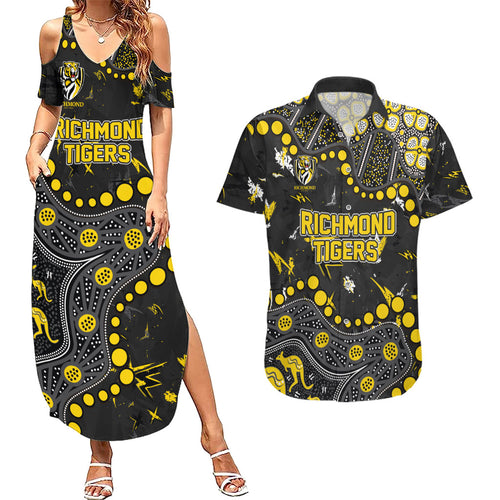 Personalized Richmond Tigers Couples Matching Summer Maxi Dress and Hawaiian Shirt Aboriginal Pattern with Graffiti Style