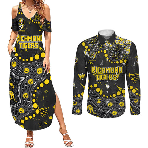 Personalized Richmond Tigers Couples Matching Summer Maxi Dress and Long Sleeve Button Shirt Aboriginal Pattern with Graffiti Style