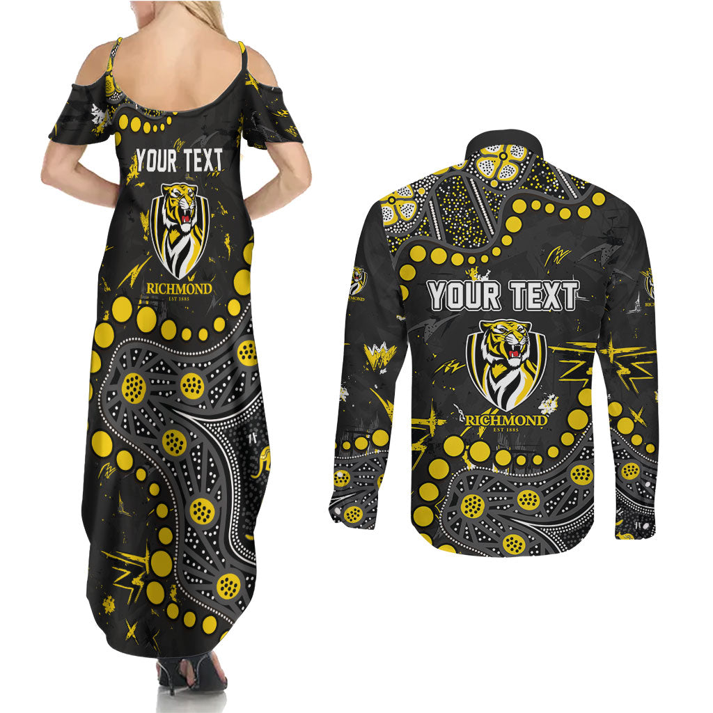 Personalized Richmond Tigers Couples Matching Summer Maxi Dress and Long Sleeve Button Shirt Aboriginal Pattern with Graffiti Style