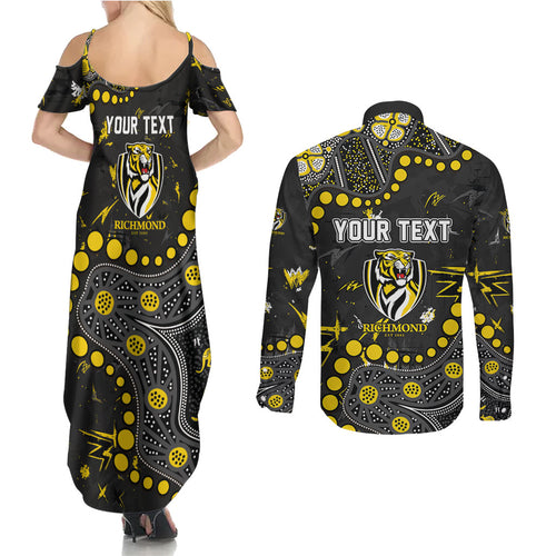 Personalized Richmond Tigers Couples Matching Summer Maxi Dress and Long Sleeve Button Shirt Aboriginal Pattern with Graffiti Style