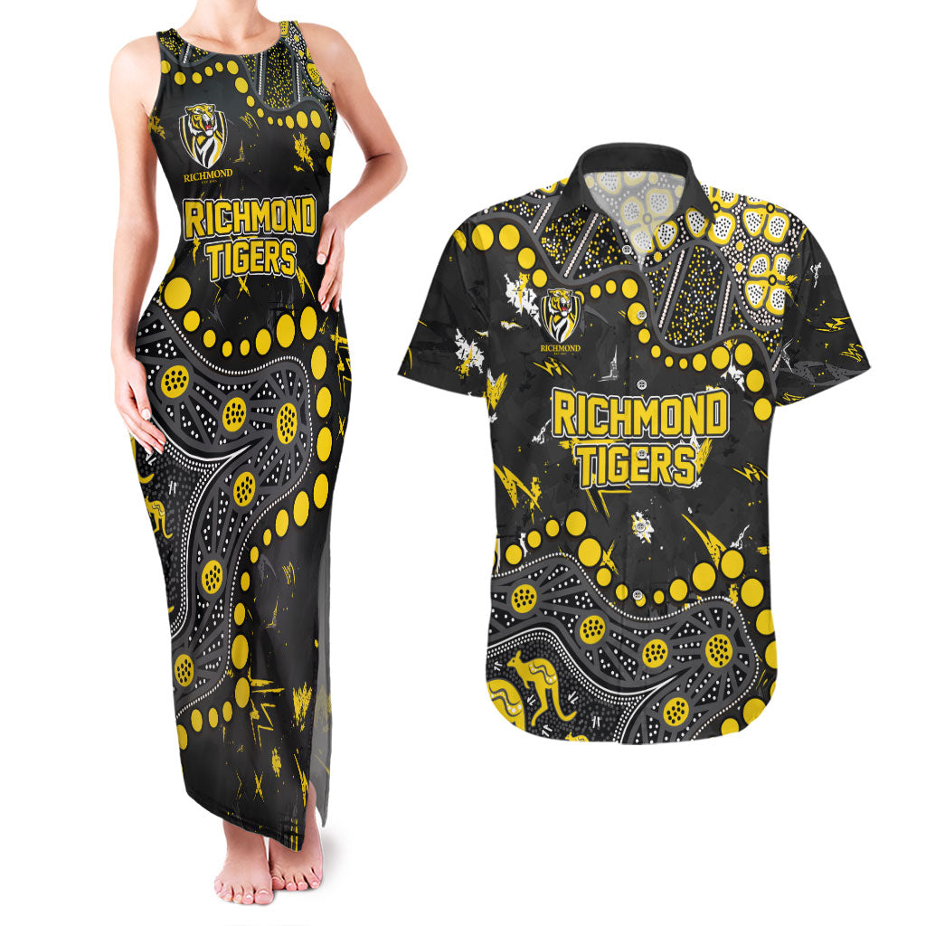 Personalized Richmond Tigers Couples Matching Tank Maxi Dress and Hawaiian Shirt Aboriginal Pattern with Graffiti Style