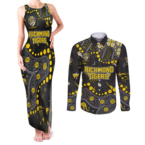 Personalized Richmond Tigers Couples Matching Tank Maxi Dress and Long Sleeve Button Shirt Aboriginal Pattern with Graffiti Style