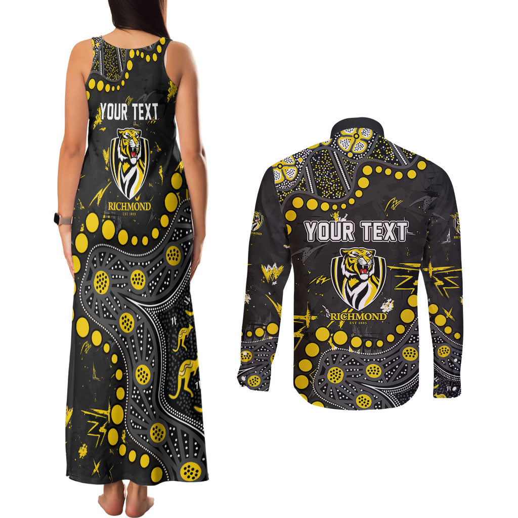 Personalized Richmond Tigers Couples Matching Tank Maxi Dress and Long Sleeve Button Shirt Aboriginal Pattern with Graffiti Style