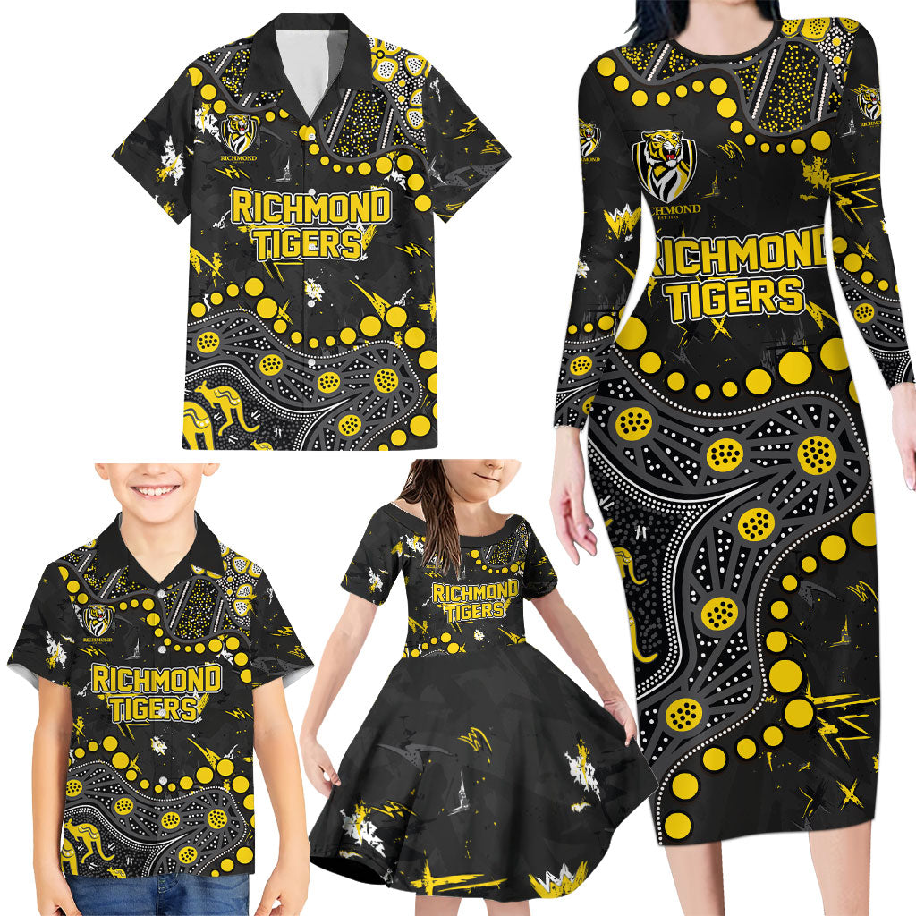 Personalized Richmond Tigers Family Matching Long Sleeve Bodycon Dress and Hawaiian Shirt Aboriginal Pattern with Graffiti Style