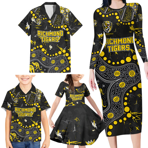 Personalized Richmond Tigers Family Matching Long Sleeve Bodycon Dress and Hawaiian Shirt Aboriginal Pattern with Graffiti Style