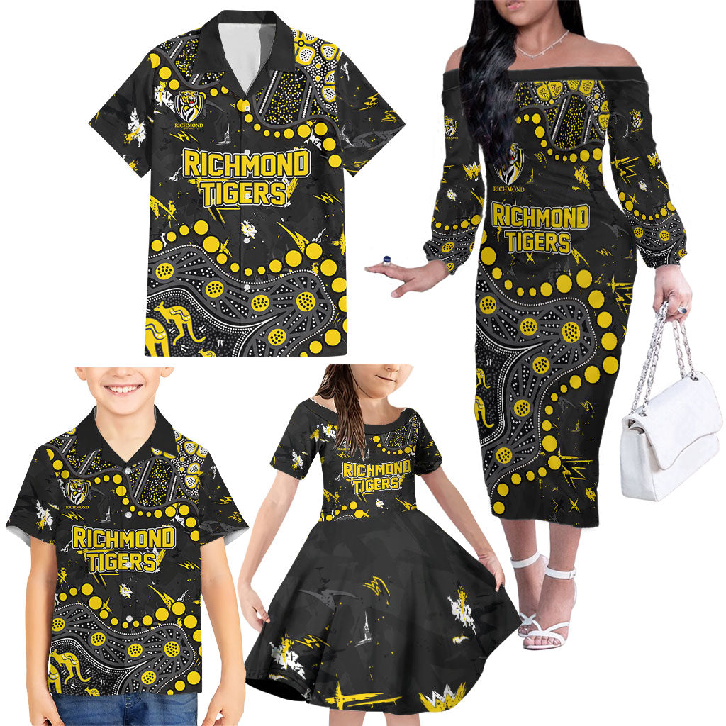Personalized Richmond Tigers Family Matching Off The Shoulder Long Sleeve Dress and Hawaiian Shirt Aboriginal Pattern with Graffiti Style