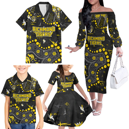 Personalized Richmond Tigers Family Matching Off The Shoulder Long Sleeve Dress and Hawaiian Shirt Aboriginal Pattern with Graffiti Style