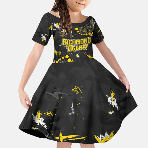 Personalized Richmond Tigers Family Matching Off The Shoulder Long Sleeve Dress and Hawaiian Shirt Aboriginal Pattern with Graffiti Style