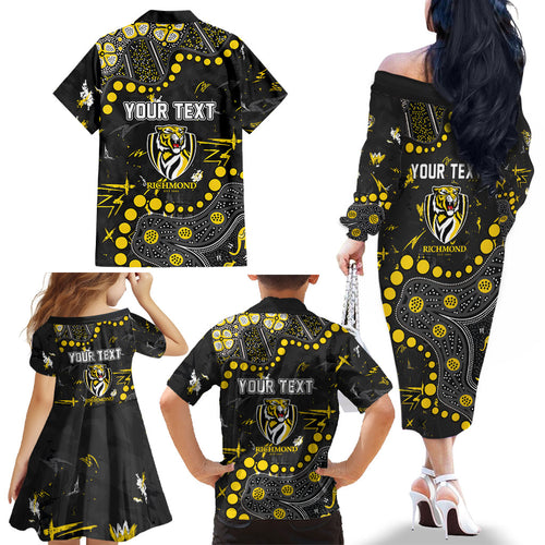 Personalized Richmond Tigers Family Matching Off The Shoulder Long Sleeve Dress and Hawaiian Shirt Aboriginal Pattern with Graffiti Style