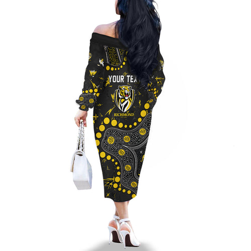Personalized Richmond Tigers Family Matching Off The Shoulder Long Sleeve Dress and Hawaiian Shirt Aboriginal Pattern with Graffiti Style