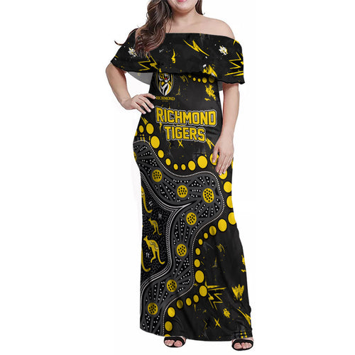 Personalized Richmond Tigers Family Matching Off Shoulder Maxi Dress and Hawaiian Shirt Aboriginal Pattern with Graffiti Style