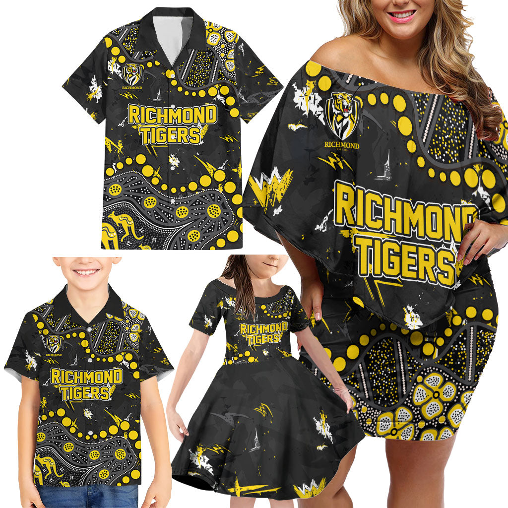 Personalized Richmond Tigers Family Matching Off Shoulder Short Dress and Hawaiian Shirt Aboriginal Pattern with Graffiti Style