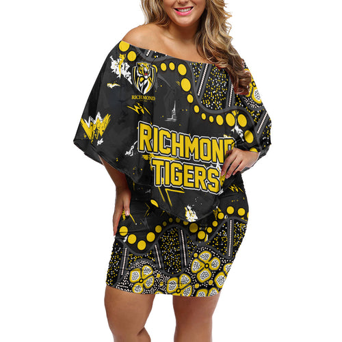 Personalized Richmond Tigers Family Matching Off Shoulder Short Dress and Hawaiian Shirt Aboriginal Pattern with Graffiti Style