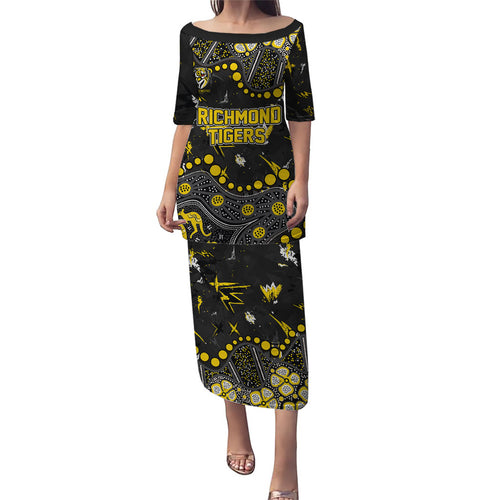 Personalized Richmond Tigers Family Matching Puletasi and Hawaiian Shirt Aboriginal Pattern with Graffiti Style