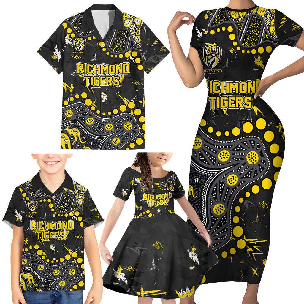 Personalized Richmond Tigers Family Matching Short Sleeve Bodycon Dress and Hawaiian Shirt Aboriginal Pattern with Graffiti Style
