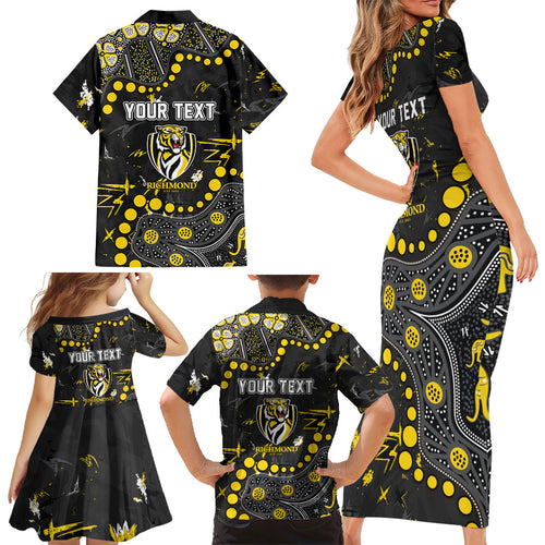 Personalized Richmond Tigers Family Matching Short Sleeve Bodycon Dress and Hawaiian Shirt Aboriginal Pattern with Graffiti Style