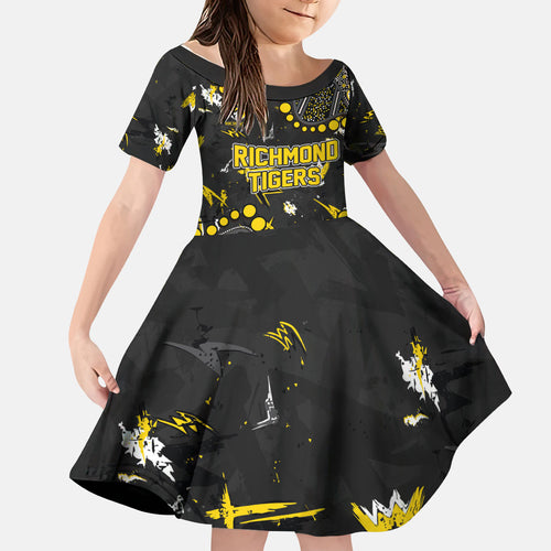 Personalized Richmond Tigers Kid Short Sleeve Dress Aboriginal Pattern with Graffiti Style