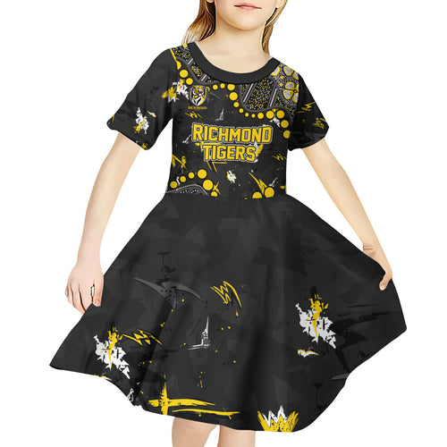 Personalized Richmond Tigers Kid Short Sleeve Dress Aboriginal Pattern with Graffiti Style