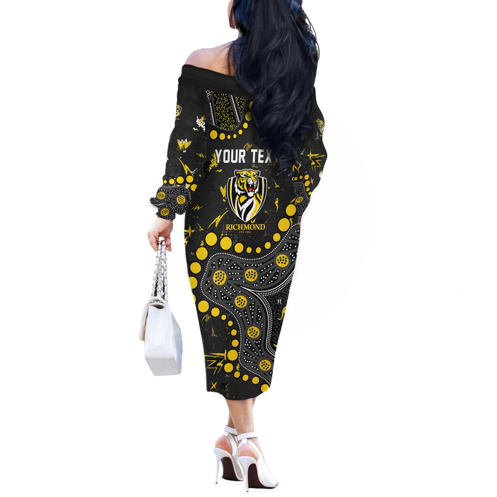 Personalized Richmond Tigers Off The Shoulder Long Sleeve Dress Aboriginal Pattern with Graffiti Style