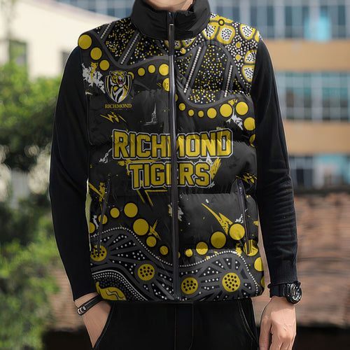 Personalized Richmond Tigers Sleeveless Puffer Jacket Aboriginal Pattern with Graffiti Style