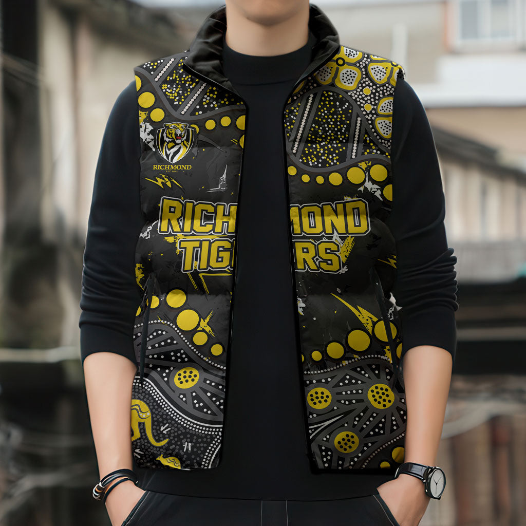 Personalized Richmond Tigers Sleeveless Puffer Jacket Aboriginal Pattern with Graffiti Style