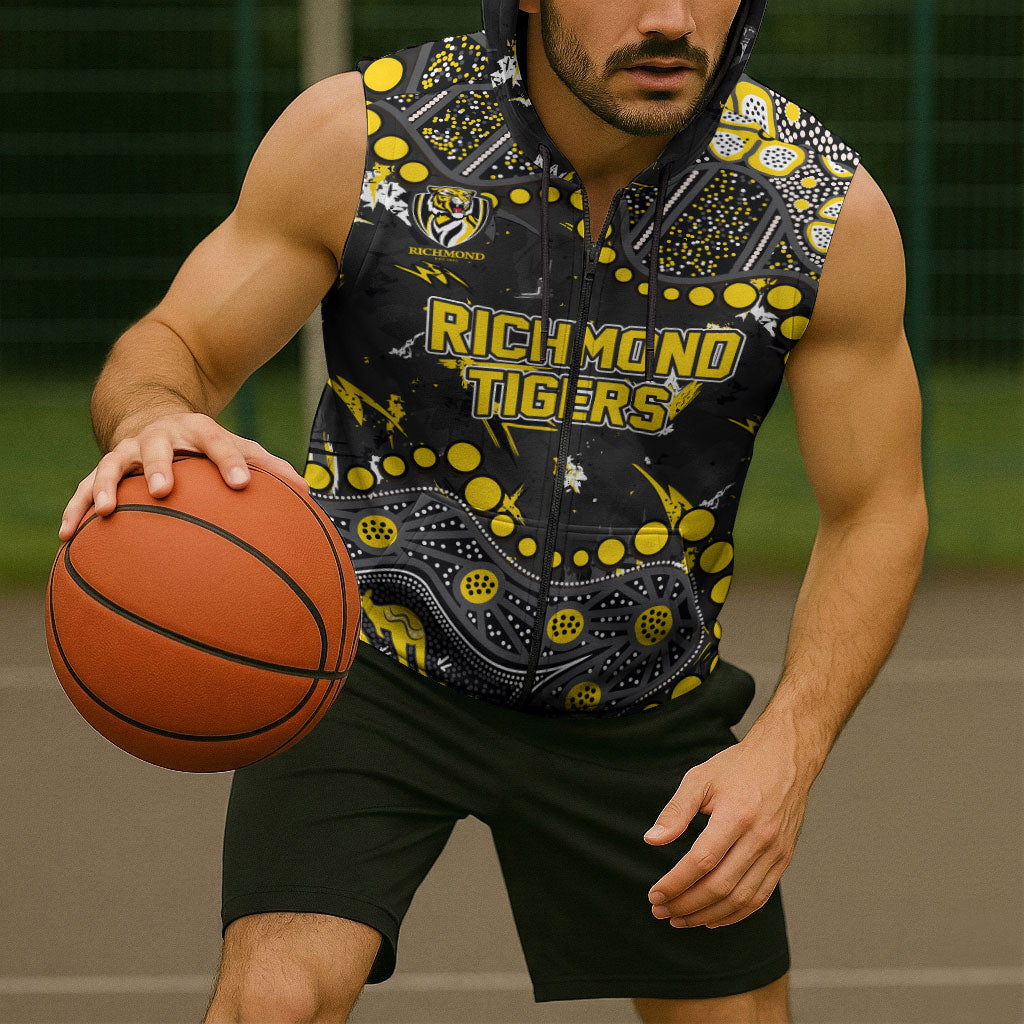 Personalized Richmond Tigers Sleeveless Zip Hoodie Aboriginal Pattern with Graffiti Style