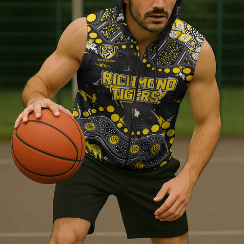 Personalized Richmond Tigers Sleeveless Zip Hoodie Aboriginal Pattern with Graffiti Style