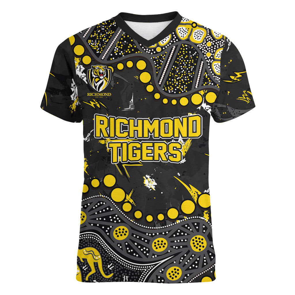 Personalized Richmond Tigers Women V-Neck T-Shirt Aboriginal Pattern with Graffiti Style