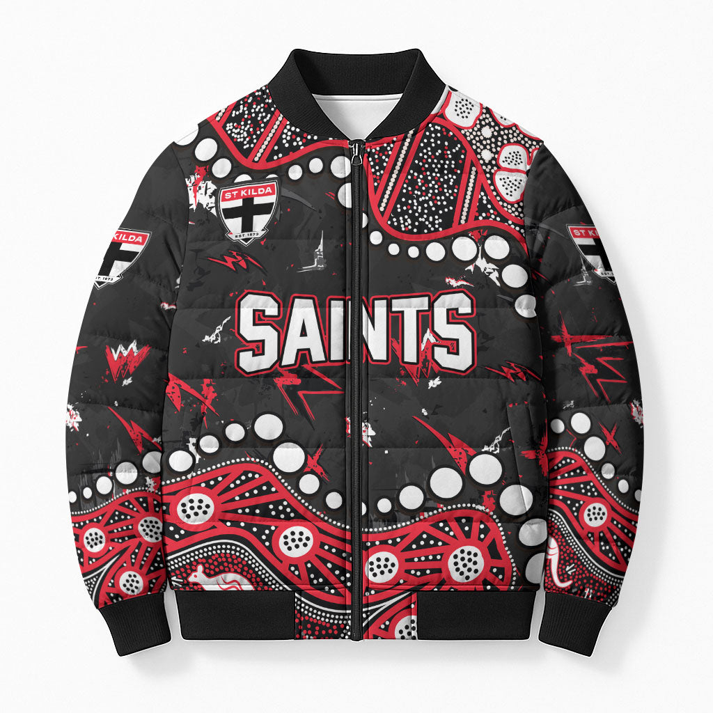 Personalized St Kilda Saints Bomber Puffer Jacket Aboriginal Pattern with Graffiti Style