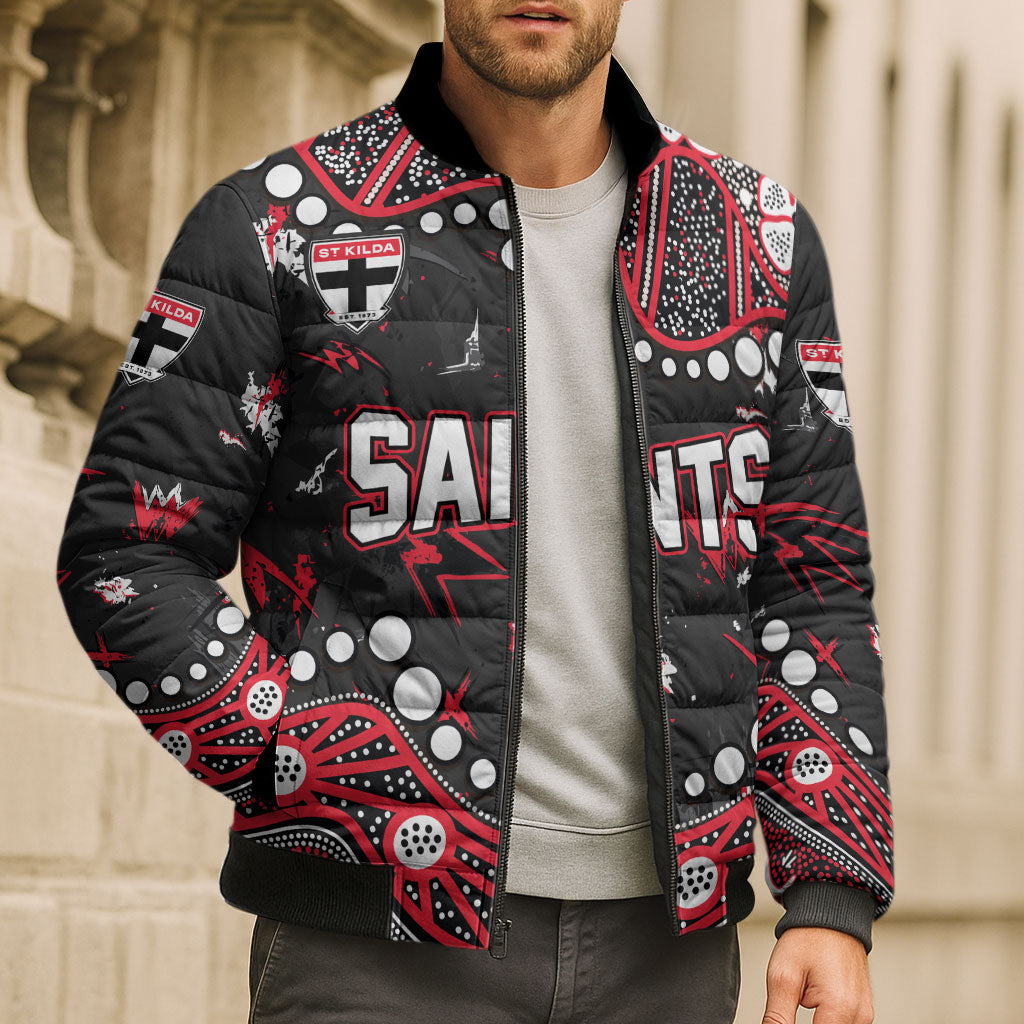 Personalized St Kilda Saints Bomber Puffer Jacket Aboriginal Pattern with Graffiti Style