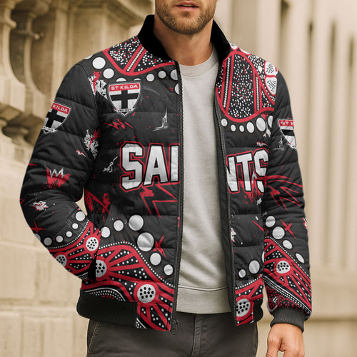 Personalized St Kilda Saints Bomber Puffer Jacket Aboriginal Pattern with Graffiti Style
