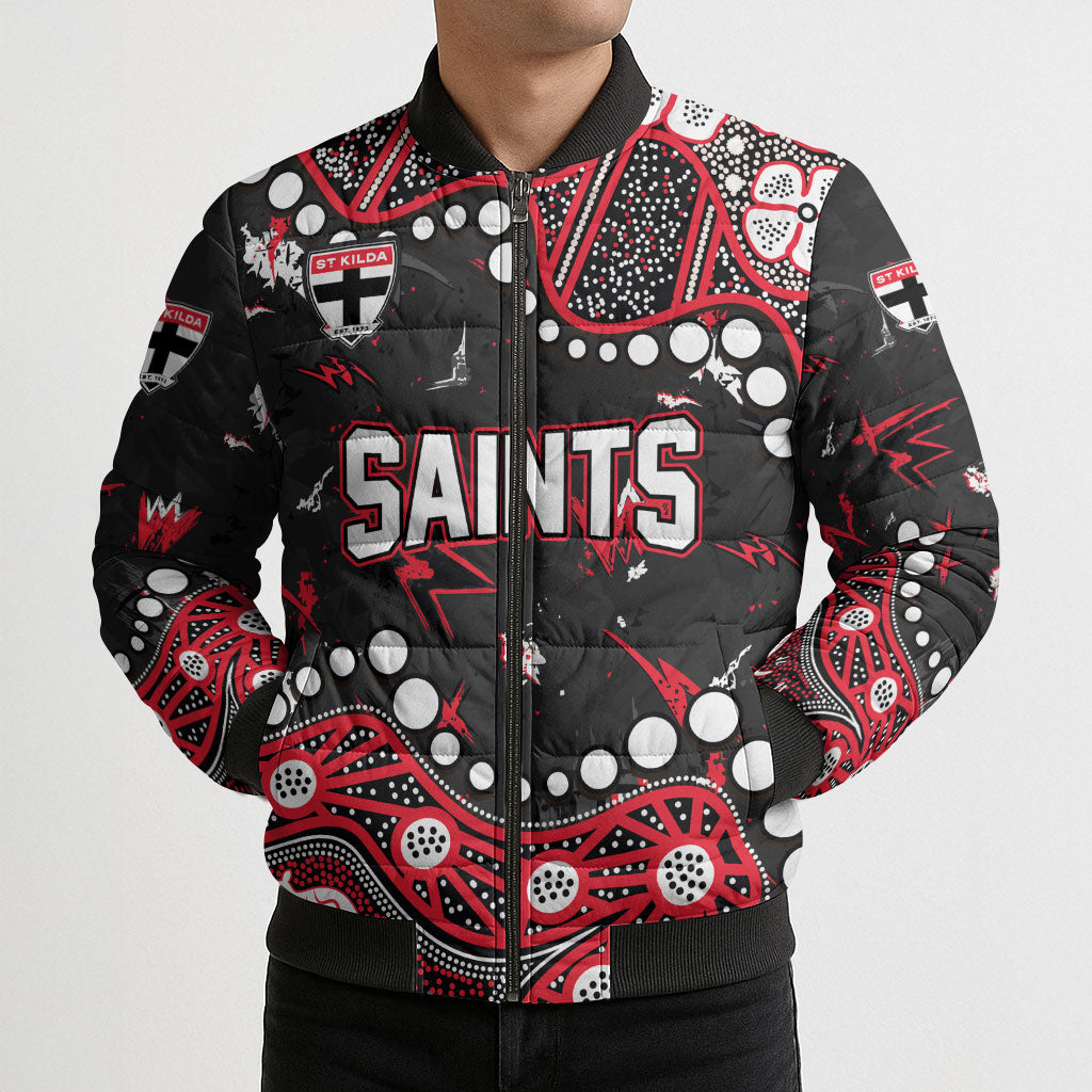 Personalized St Kilda Saints Bomber Puffer Jacket Aboriginal Pattern with Graffiti Style
