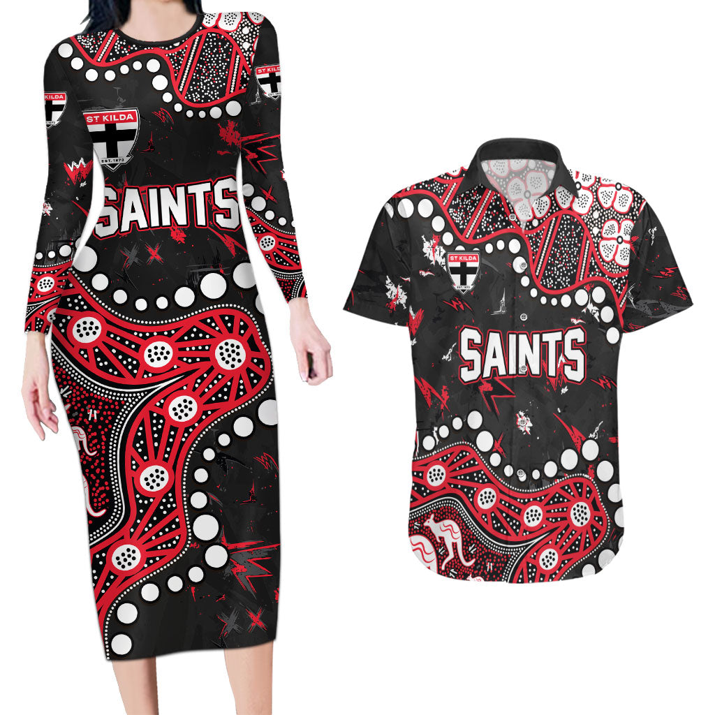 Personalized St Kilda Saints Couples Matching Long Sleeve Bodycon Dress and Hawaiian Shirt Aboriginal Pattern with Graffiti Style