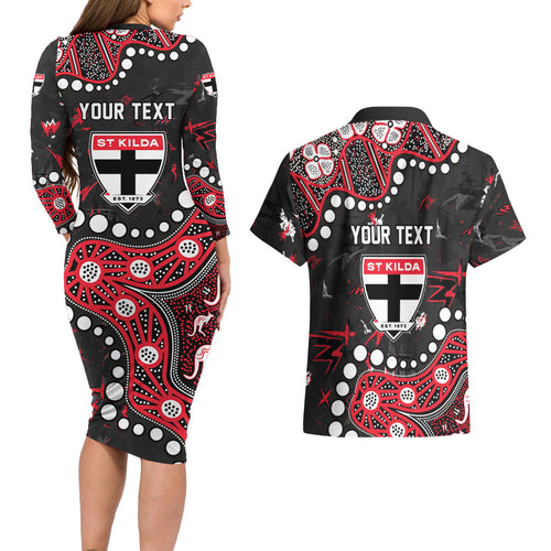 Personalized St Kilda Saints Couples Matching Long Sleeve Bodycon Dress and Hawaiian Shirt Aboriginal Pattern with Graffiti Style
