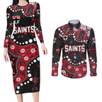 Personalized St Kilda Saints Couples Matching Long Sleeve Bodycon Dress and Long Sleeve Button Shirt Aboriginal Pattern with Graffiti Style